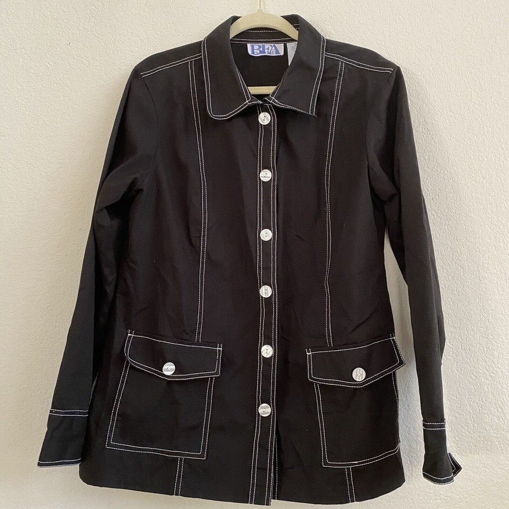 BFA Classics Shirt Jacket Shacket Women’s  Large Black Mother Of Pearl Pockets